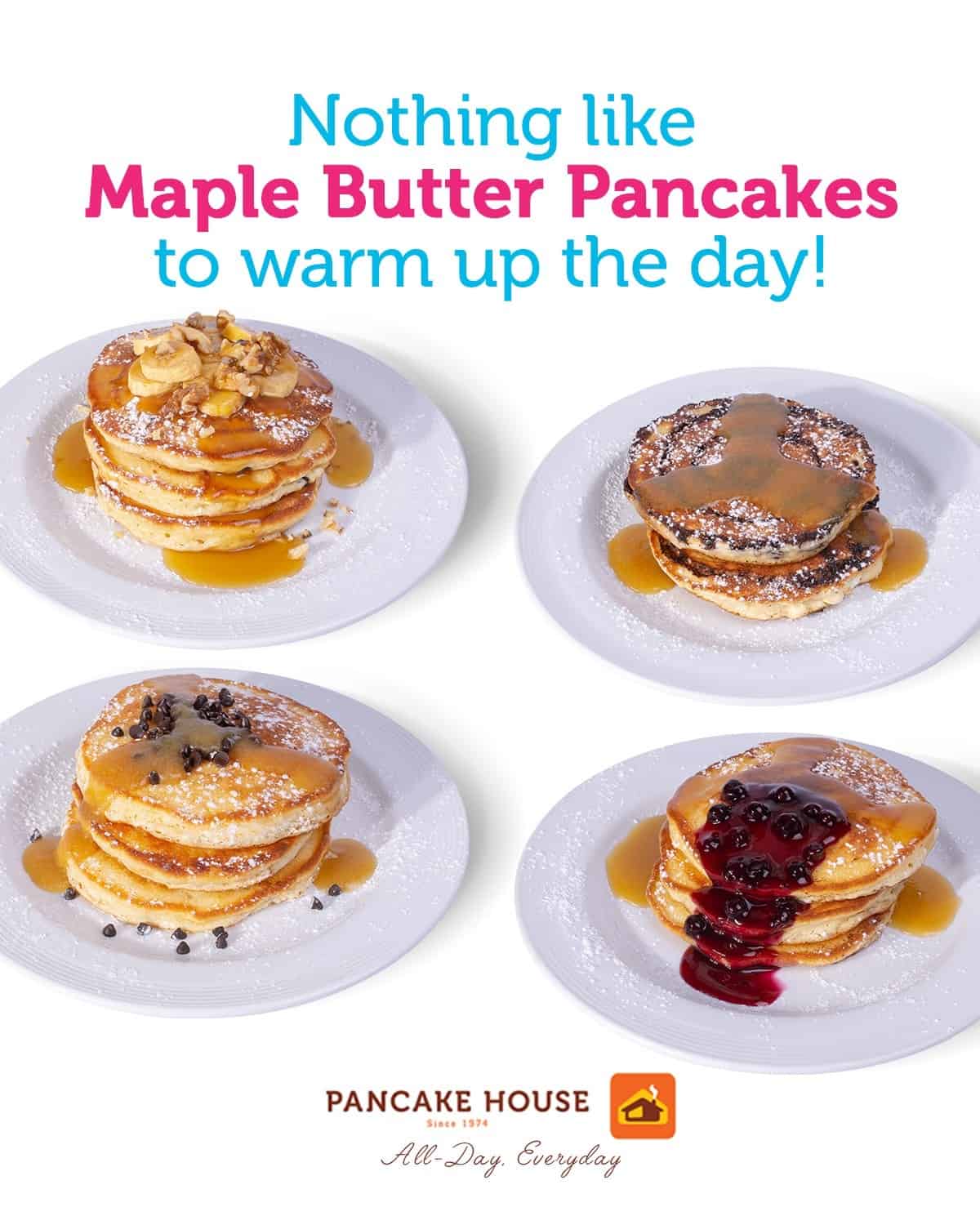 Different variety of tasty foods on the pancake house menu
