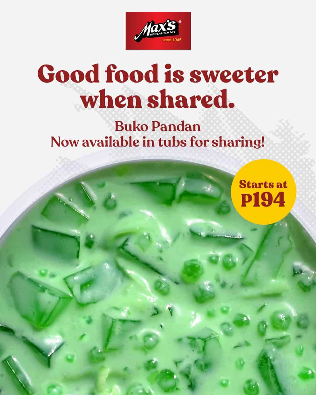 Sweet Tasty Buko Pandan on Maxs Restaurant Menu Philippines