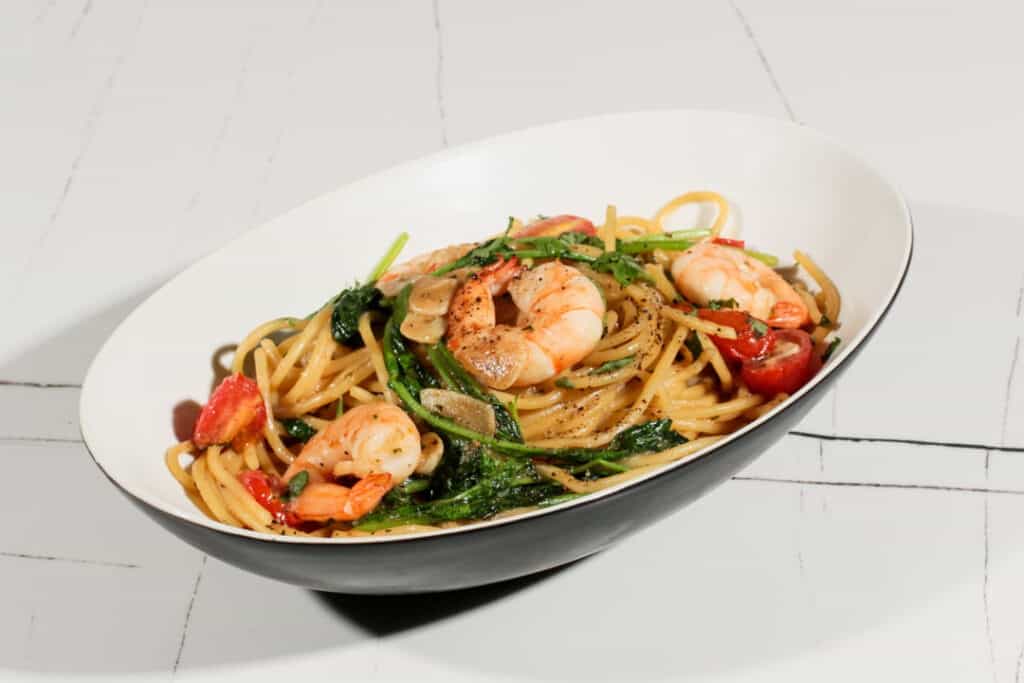 Delightful pasta serve in Earth Kitchen, Shrimp Arugula Pasta