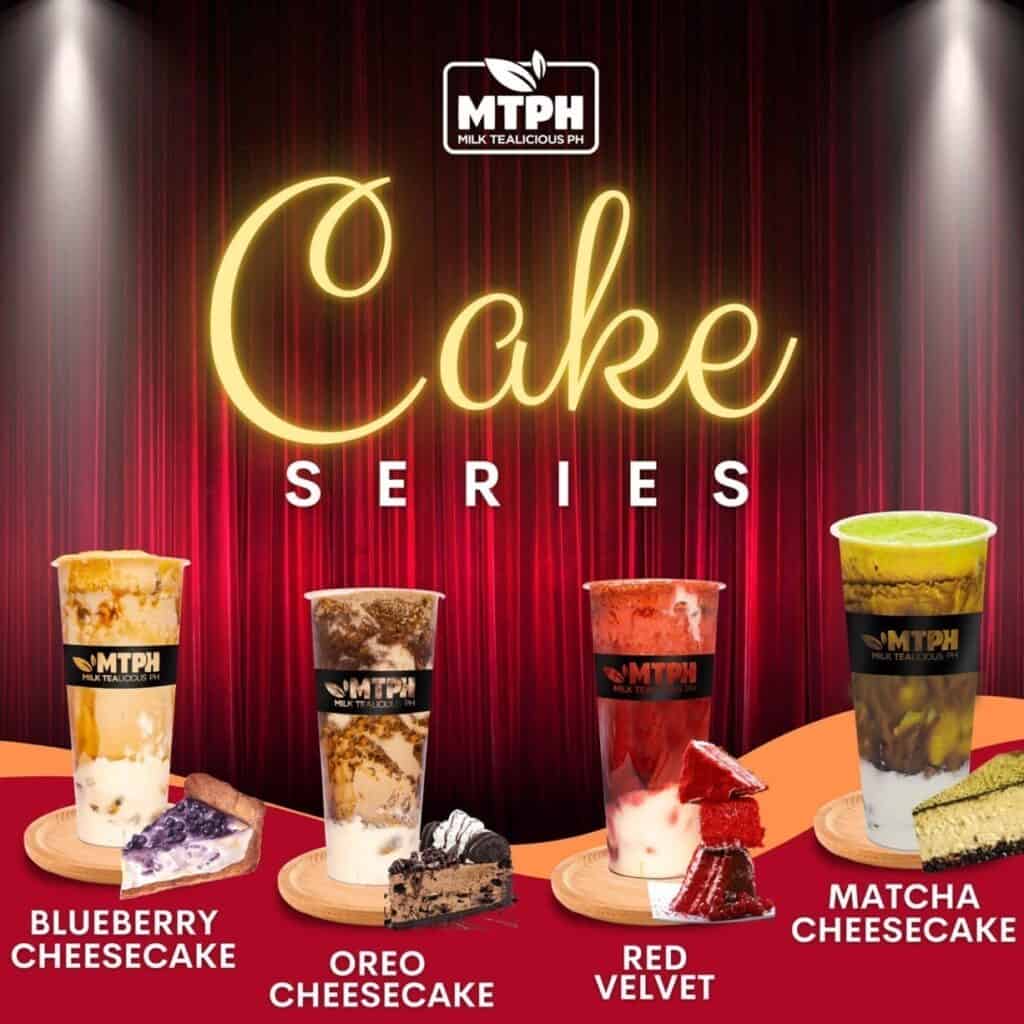 Cake series menu: Blueberry, Oreo, Red Velvet, and Matcha Cheesecake