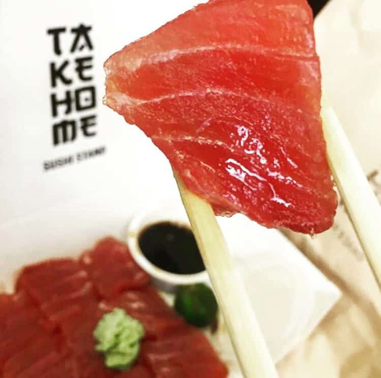 Raw and delicious Salmon Sashimi available in Ta Ke Ho Me Sushi Stand
