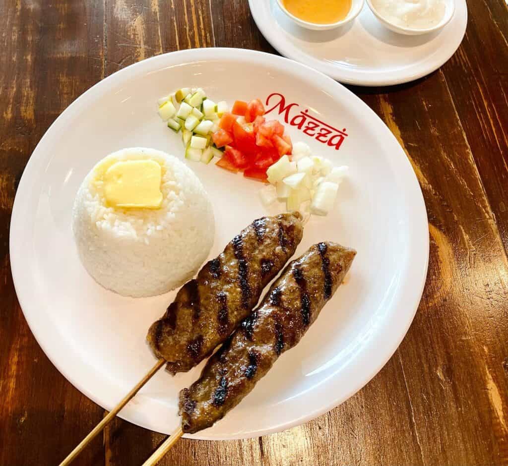 Not one but 2pcs of Beef Kebab served as a meal with rice and vegetables