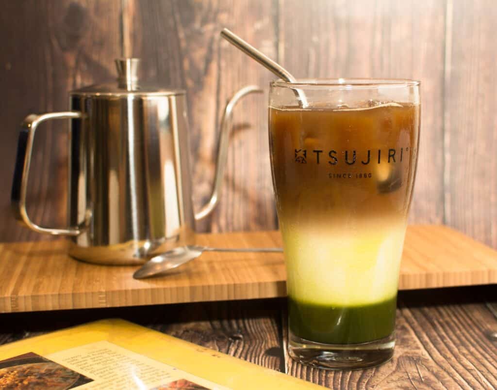 Iced matcha latte, matcha and espresso fusion drink