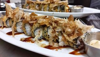 Cream Cheese Salmon Roll topped with bonito flakes