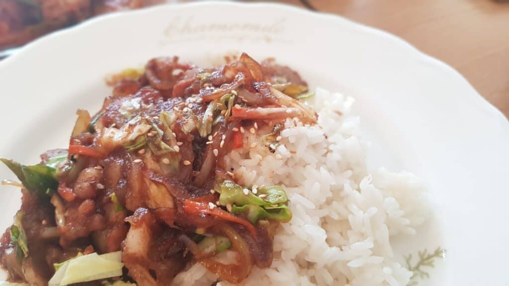 Samgyup pork adobo rice meal