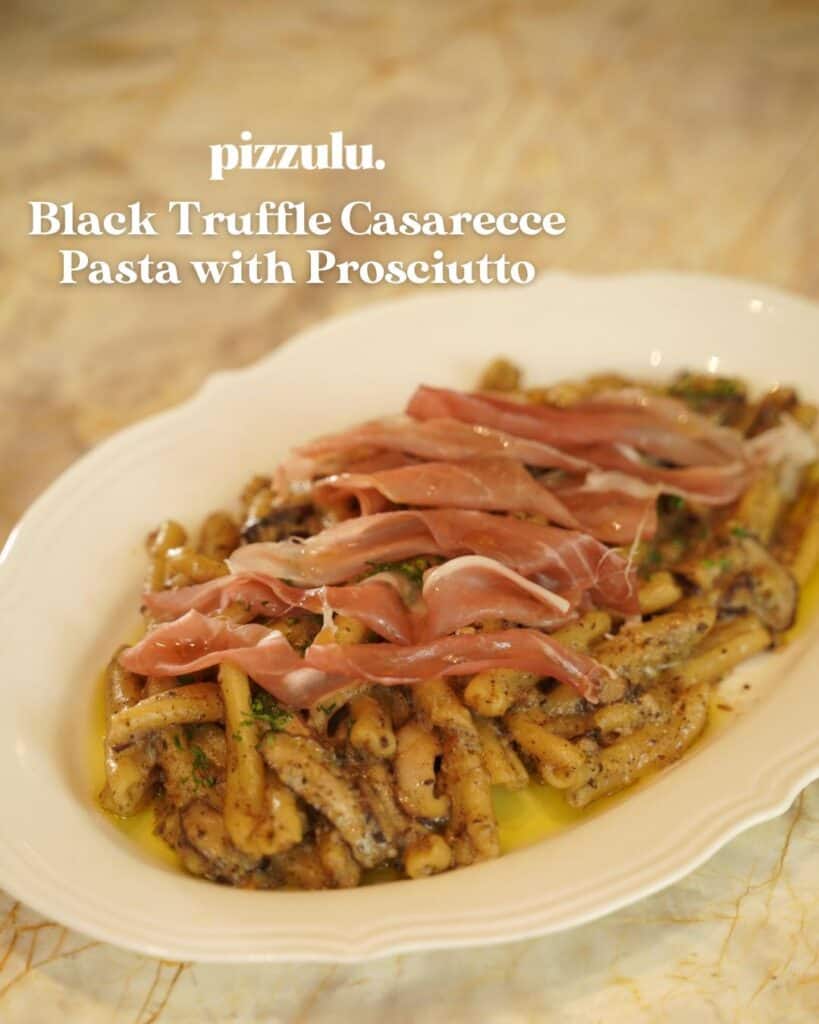 Black truffle casarecce pasta with prosciutto