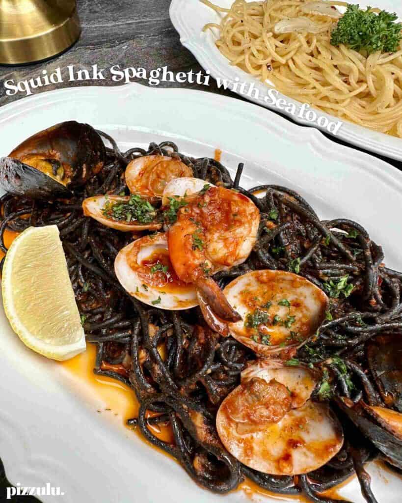 Squid ink spaghetti with seafood