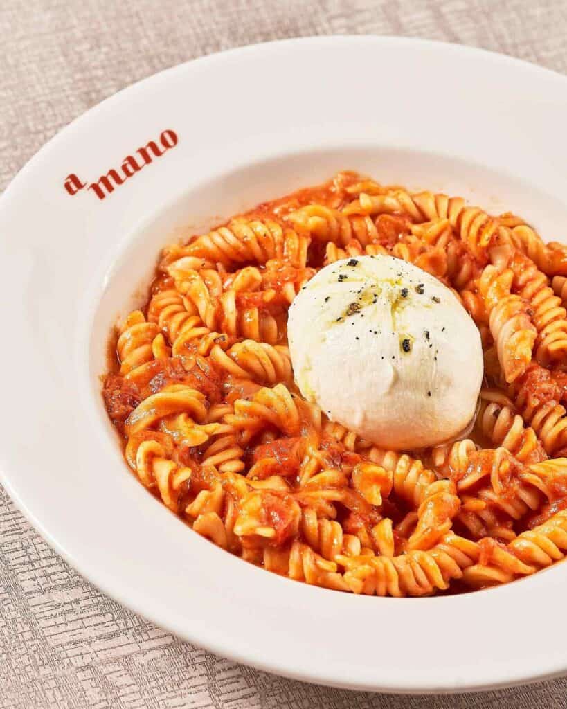 Fusilli all americana topped with burrata