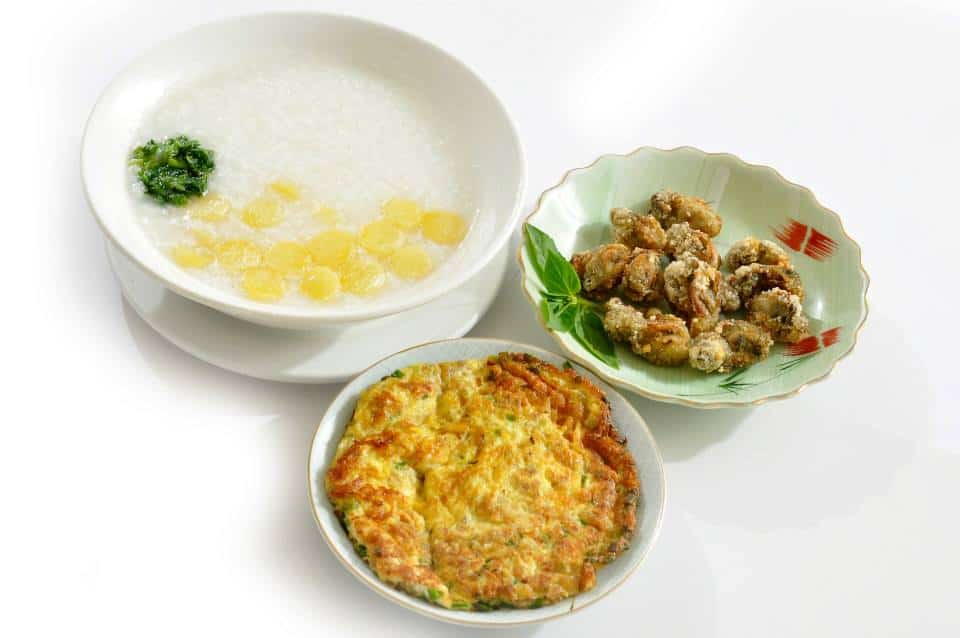 Plaon congee, fried oyster, radish egg