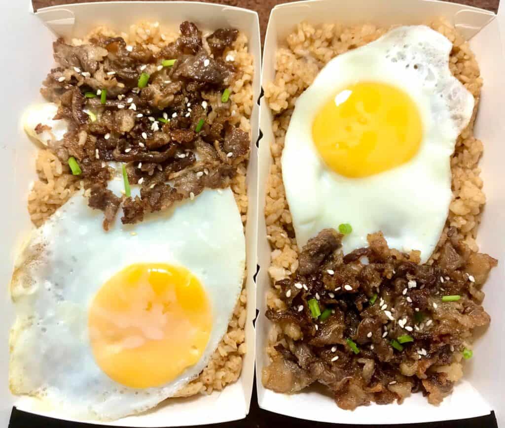 beef bulgogi with kimchi rice and fried eggs